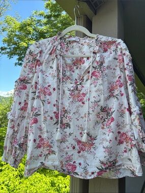 Olivaceous Cream Floral Tie-Front Blouse with Pink Rose Print